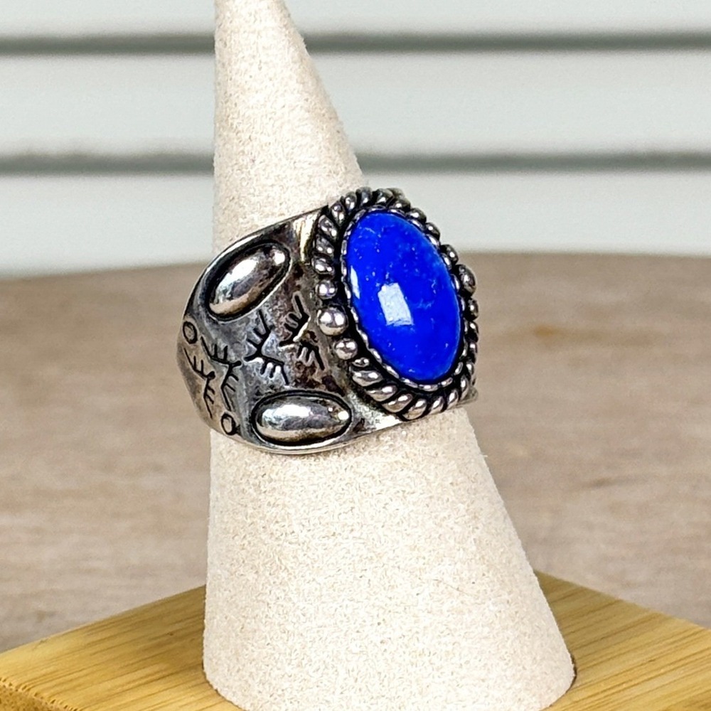 Carolyn Pollack Southwestern Blue Lapis Sterling Silver Engraved Ring Size 9 - Picture 2 of 8
